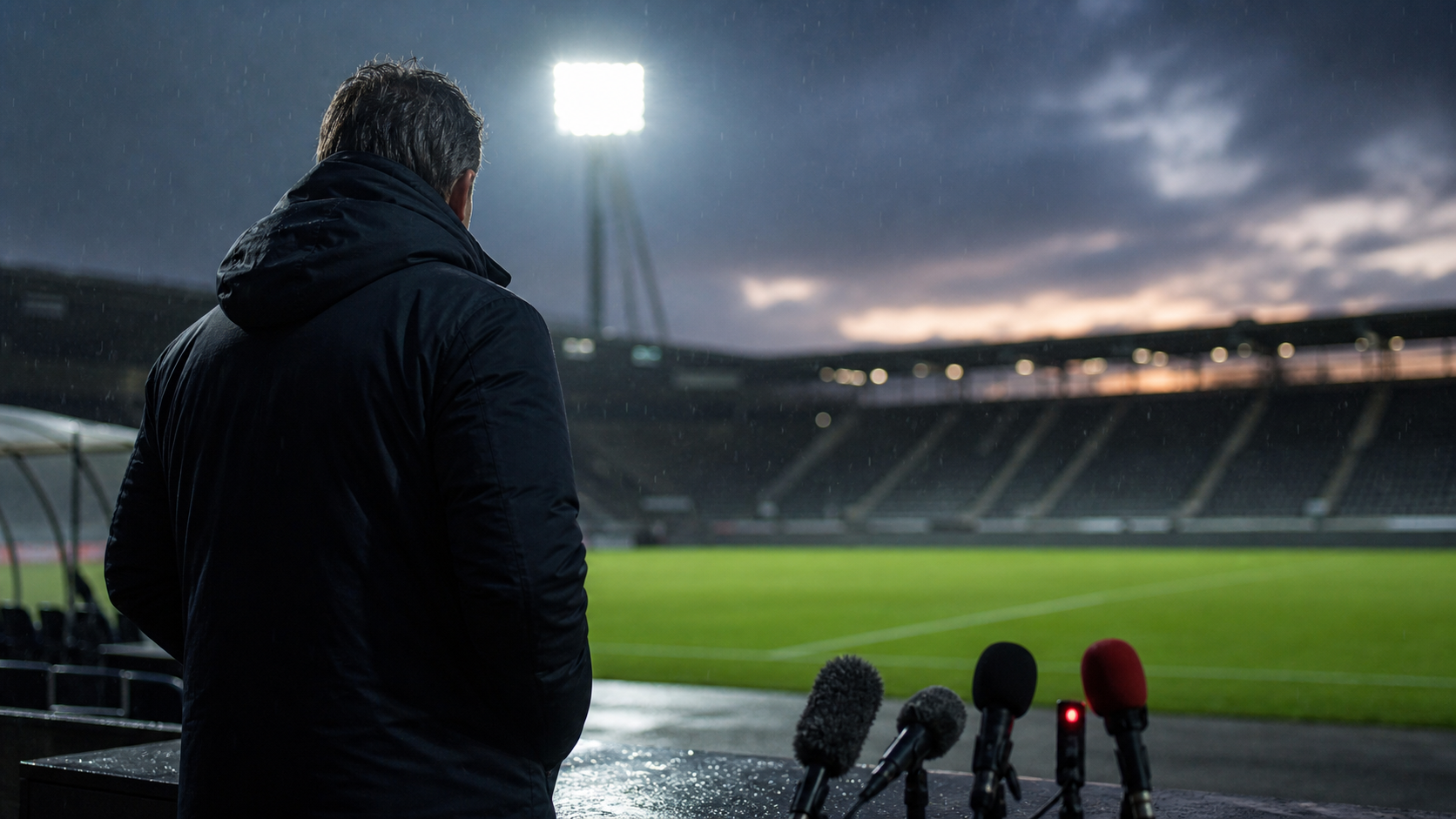 Anonieme voetbaltrainer aan de zijlijn van een stadion met persmicrofoons op de voorgrond