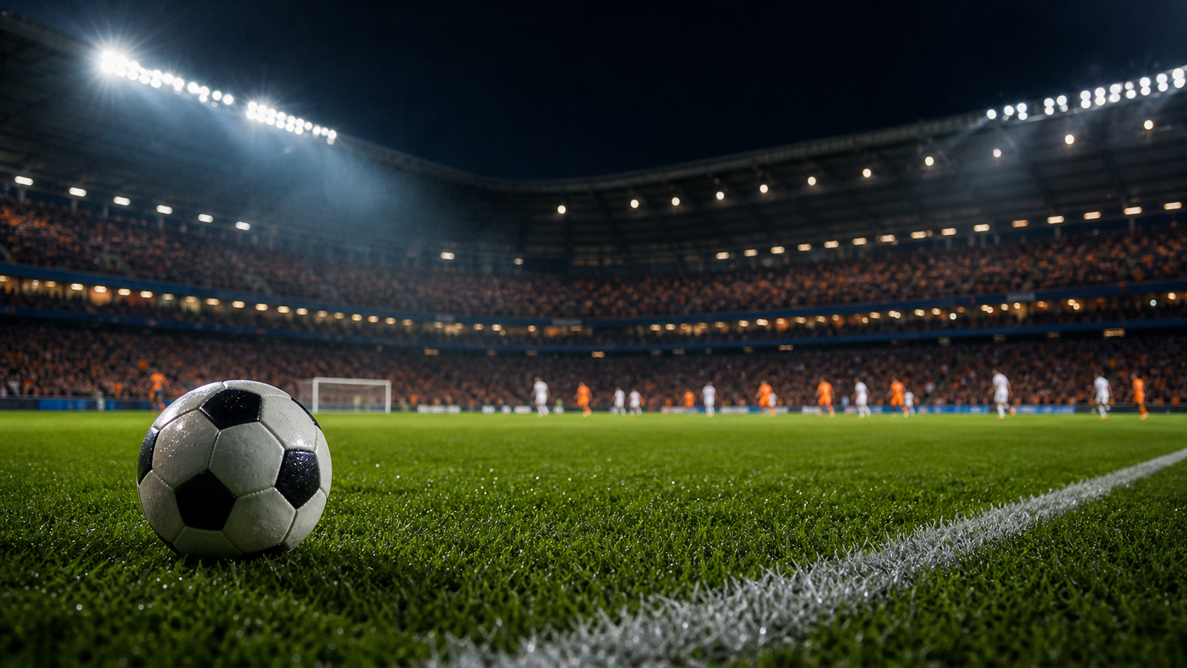 Voetbal op het gras in een verlicht stadion tijdens een avondwedstrijd
