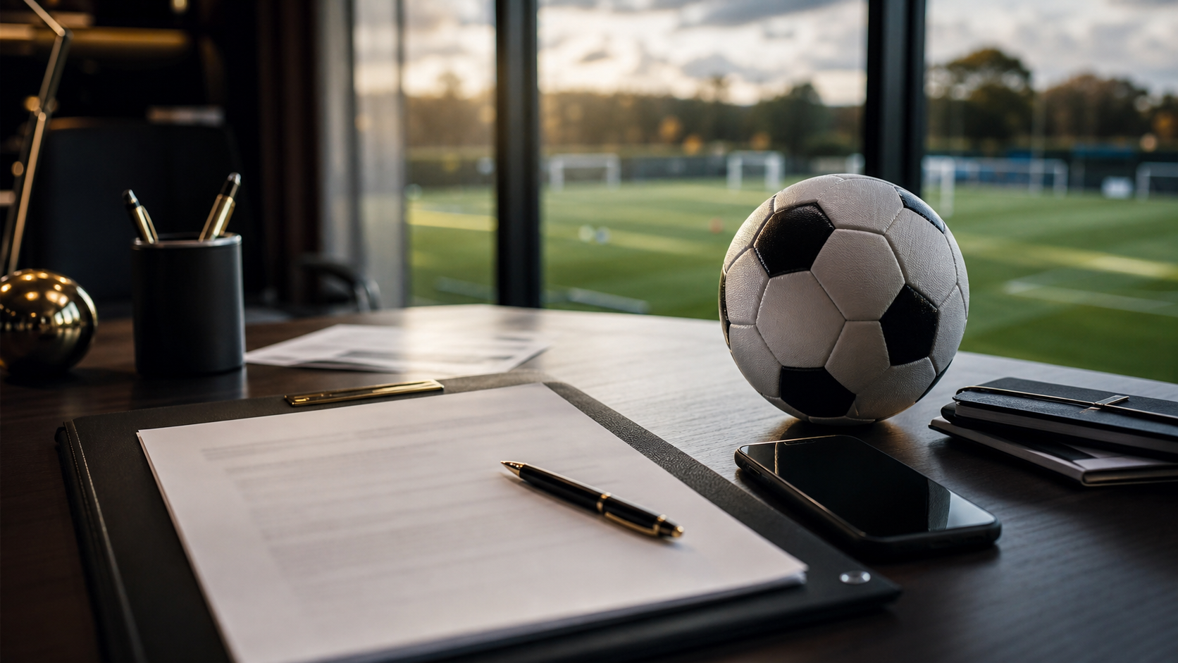 Voetbal, pen, telefoon en contractpapieren op een bureau met trainingsveld op de achtergrond